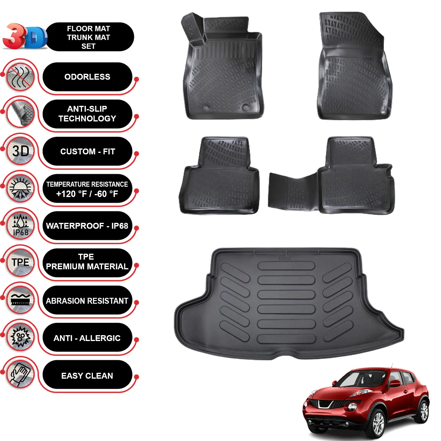 Nissan Juke - (2010-2015) - Floor Mats + Cargo Trunk Liner - SET - (Black)