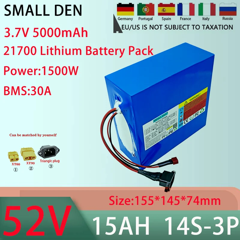 Lithium Battery Pack, 52V, 20AH, 14S4P, 21700, 30A, BMS, 100-1500W, High-Power Rechargeable Battery, 58.8V, 5A Charger, New