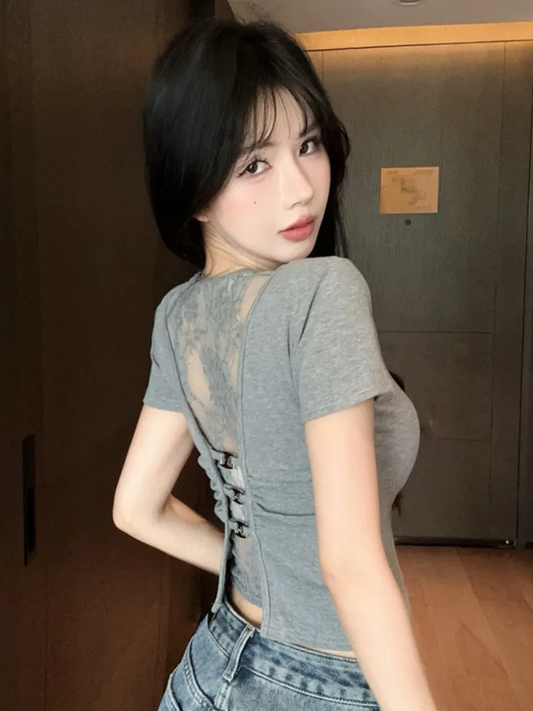

Retro Lace Splice Backless Hollow out Slim Fit Short Sleeve T-Shirt Women Summer New Style Shoulder Length Waist in T-Shirt