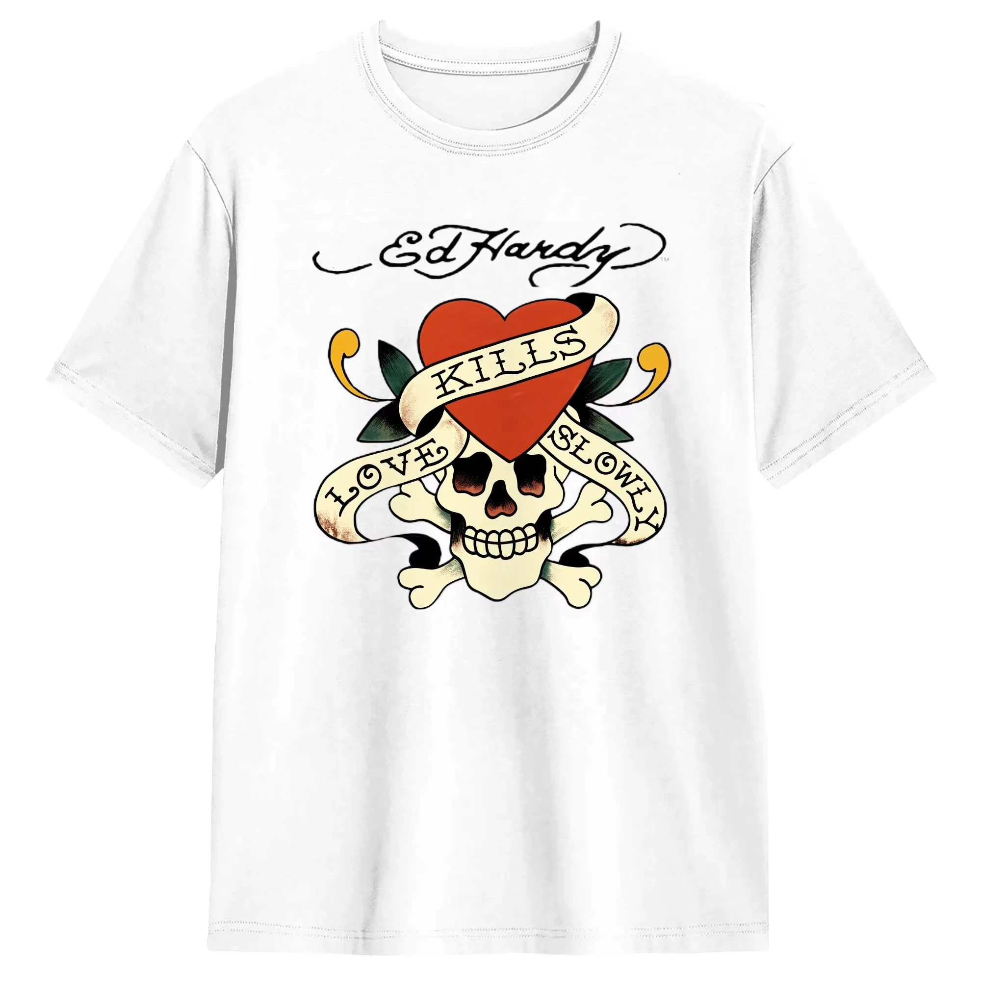 2026 Unisex White Cotton Tee, Old School Tattoo Skull And Heart Front Print Tshirt, Casual Short Sleeve Top