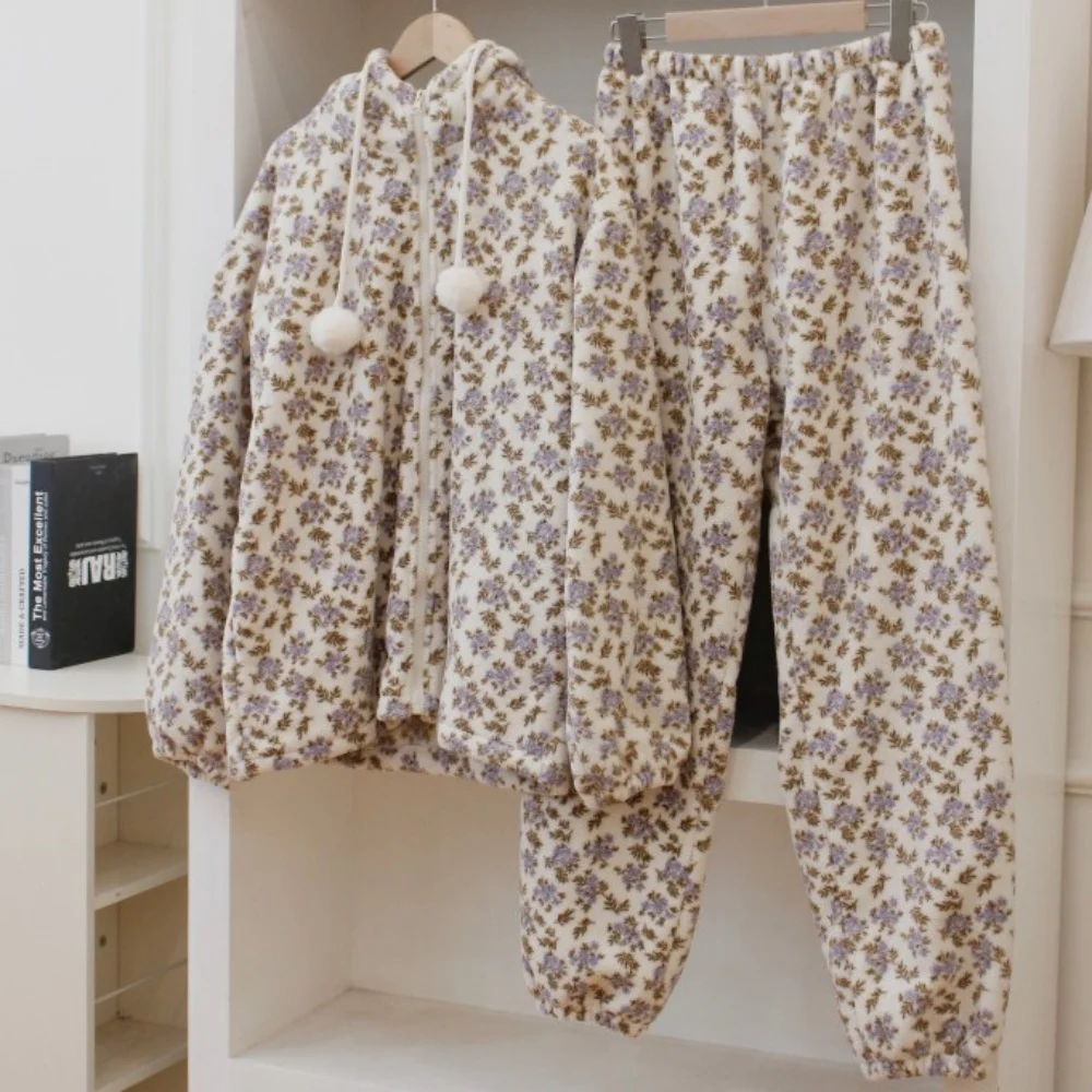 

Фланелевые зимние пижамы для сна для женщин, новая ночная одежда с цветочным принтом для женщин, утепленные женские пижамы