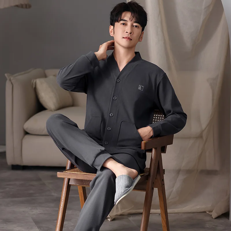 Autumn Men V-Neck Pajamas Sets Fashion Keep Warm Thin Velvet Male Pyjamas Two Pieces Shirts + Pants Nighties Big Yards Sleepwear