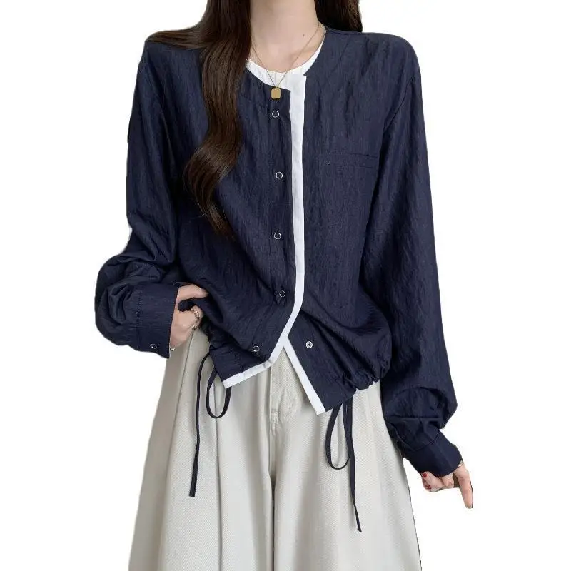 Women Jackets Solid Coats Casual Pocket Round Neck Long Sleeves Loose Fit Single Breasted Two Piece Illusion Top 2025 Autumn