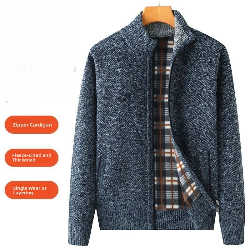 Thiened Fce Men's Sweater Coat Dad Winter Warm Top Middle-aged And ly Men's Sweater Outerwear Long Sve Stand Collar