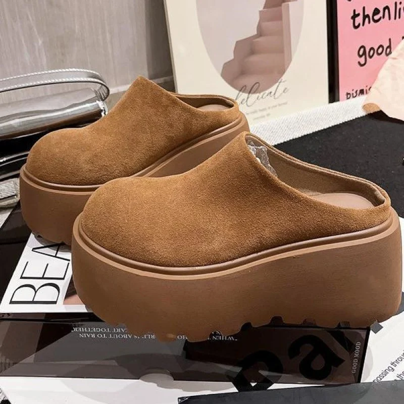 

2025 New Autumn Winter Mango Toe Suede Platform Loafers for Women Slip On Clogs Chunky High Heel Slides for Petite Women
