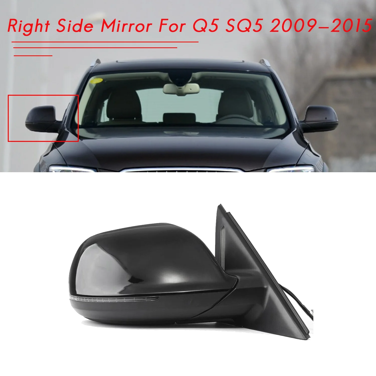 Right Side Mirror Rear View Mirror Assembly Black for 09-15 -Audi Q5 Power Heated Blinker Power Folding 9Pin