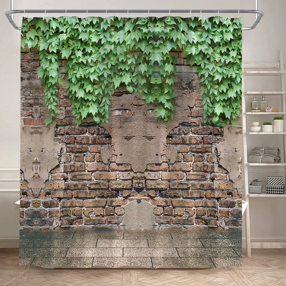 Vintage Brick Wall Green Leaves Shower Curtains Rustic Vine Plant Leaf Grey Stone Polyester Fabric Bathroom Curtain Decorative