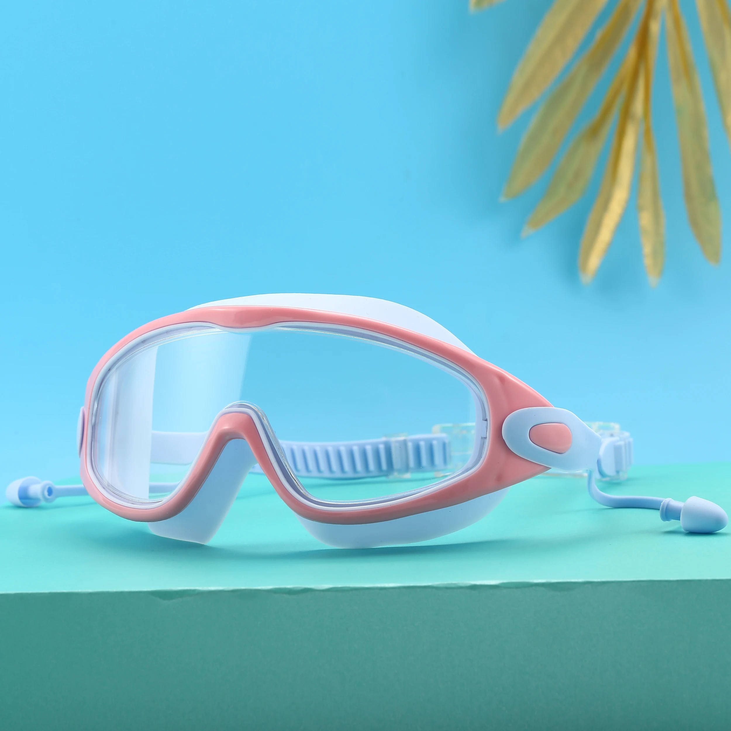 Schwimmbrille für Erwachsene mit großem Rahmen und Ohrstöpseln, männlich und weiblich, professionell, hochauflösend, beschlagfrei, Silikon – Detail 4