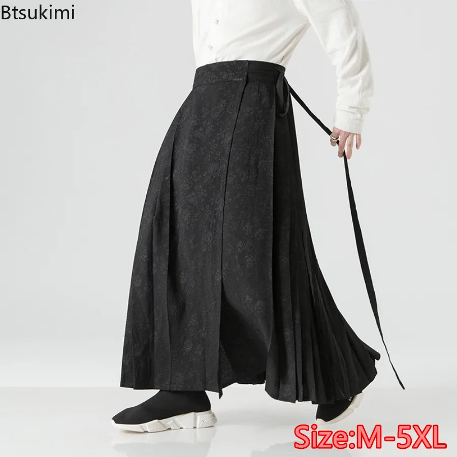 2024 Trend Streetwear Chinese Style Men's Print Skirt Pants Vintage Pleated Loose Trousers Casual Oversized Wide-leg Pants Male