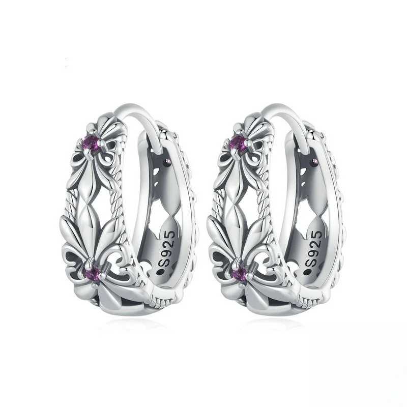 Purple Iris Vintage Hoop Earring Women Mysterious Elegant Pattern S925 Sterling Silver Earrings