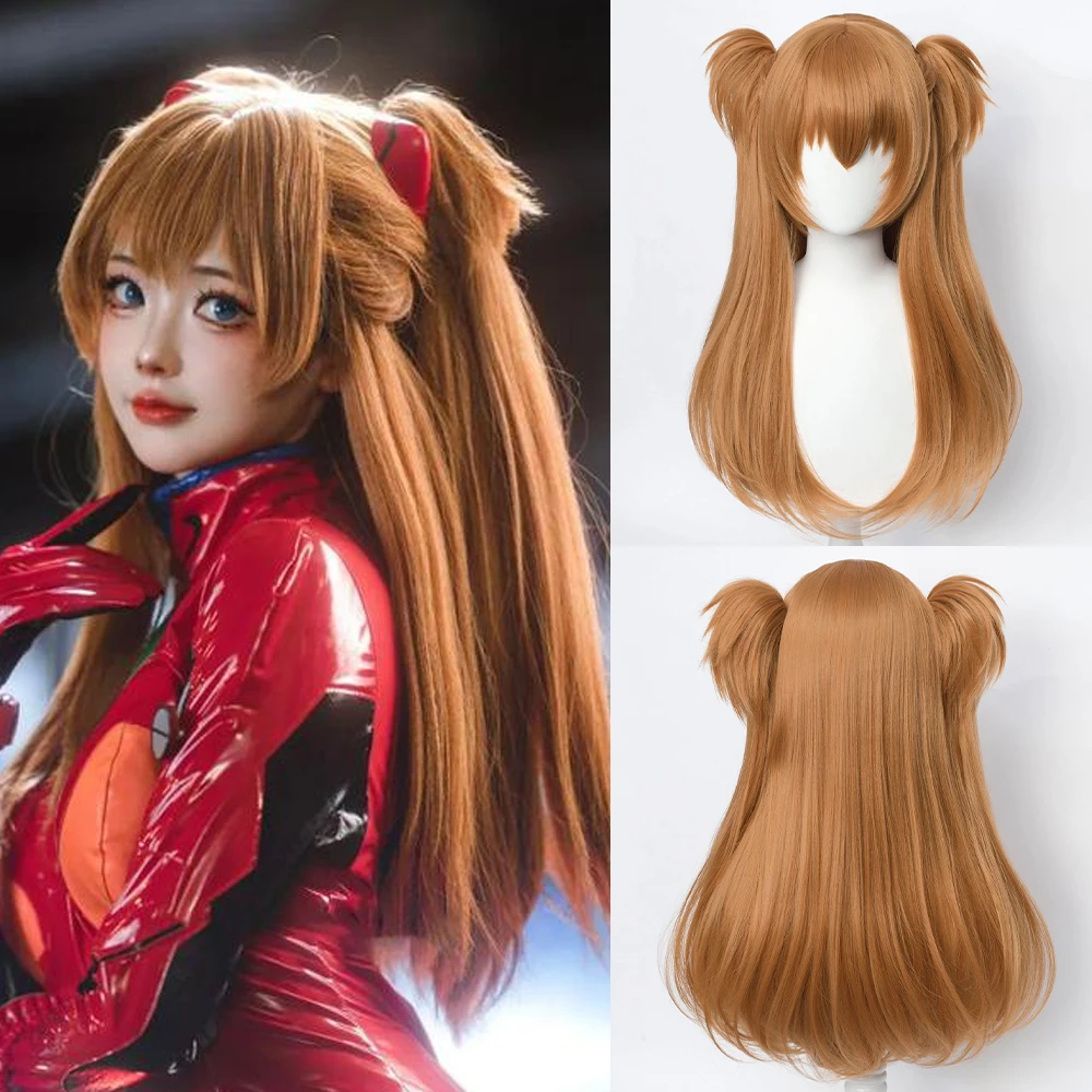 Synthetic Women Wig with Bangs Long Flaxen Brown Anime Game Cosplay Heat Resistant Wig with Ponytail Clip for Party