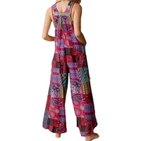 Women Summer Overalls Multicolor Ethnic Style Square Neck Sleeveless Fashion Casual Jumpsuit with Pockets - Image 3