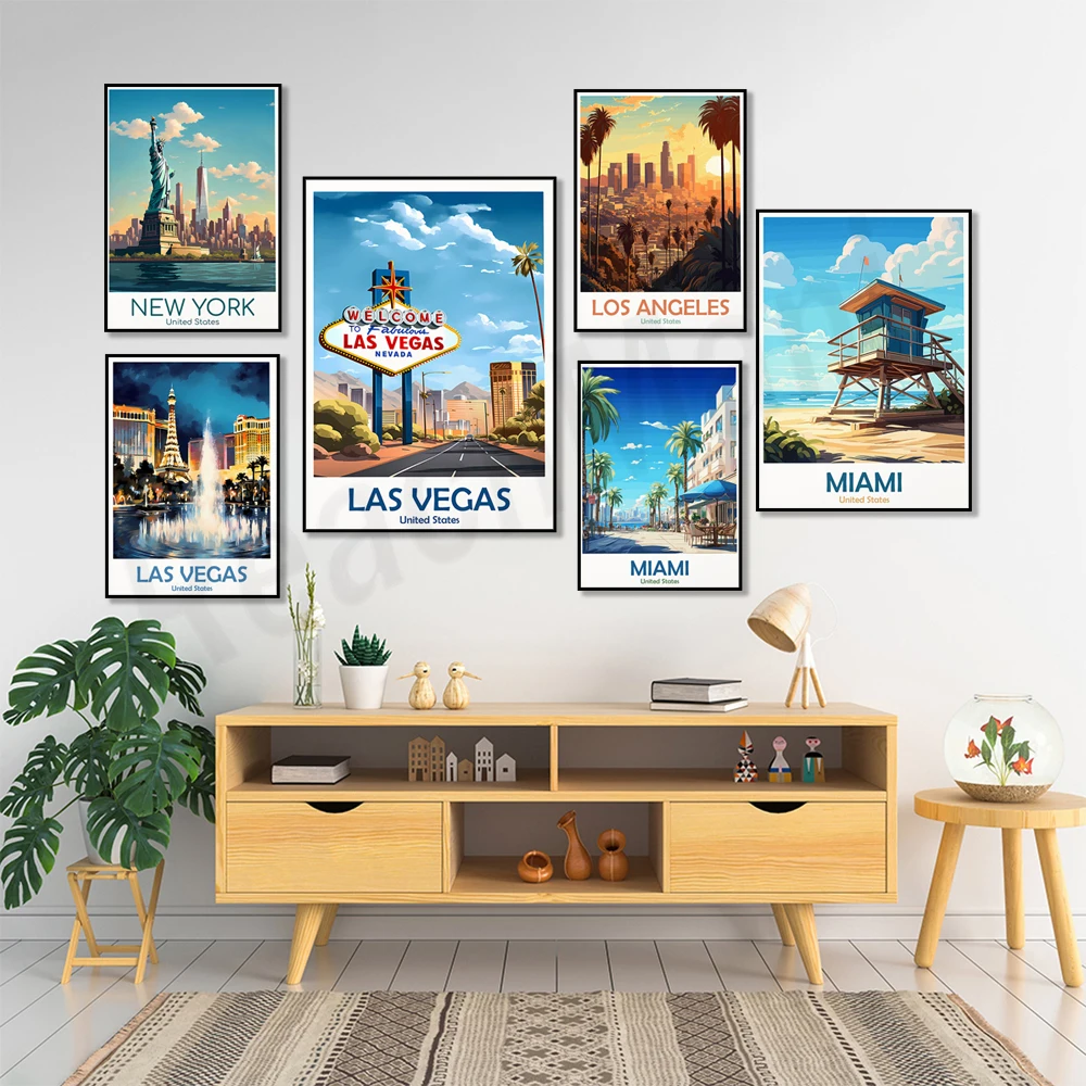 Arte de pared vintage de Los Angeles, Nueva York Times Square, Los Angeles, Miami, Las Vegas, San Francisco, EE. UU., regalos de póster de viaje