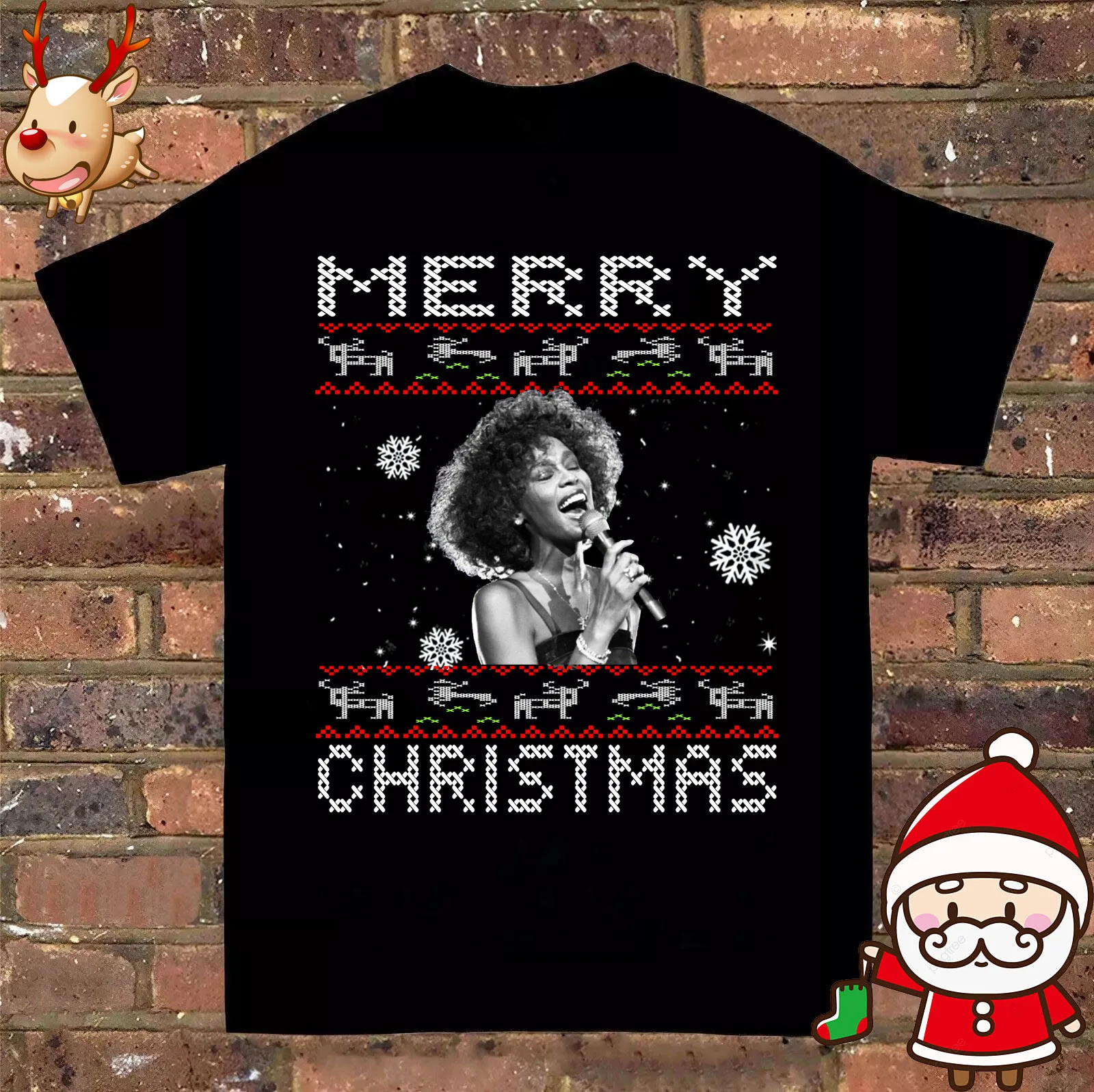 Merry Christmas Signature Whitney Houston Cotton Black Full Size Shirt PP1306