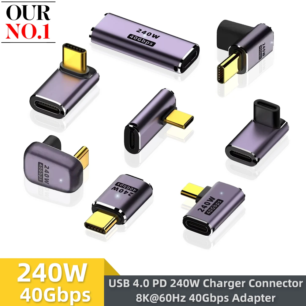 40Gbps Type-C Male to Female Adapter 8K 60Hz 90/180 Degree Elbow Adapter PD Fast Charging High Speed Data Converter For Laptop