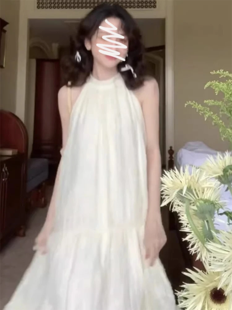 

Ретро-платье лето 2025: женское кружевное полупрозрачное сексуальное платье с открытыми плечами, длинное, с завязками на шее, с завышенной талией, А-силуэт, юбка-миди