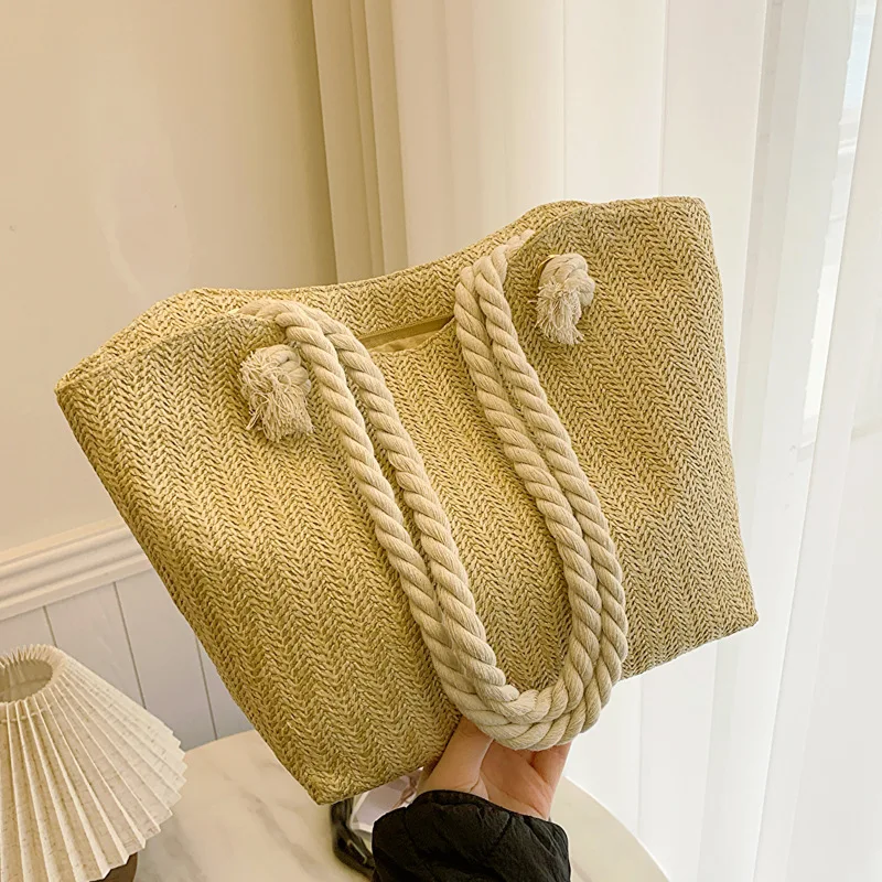 Versatile straw woven foreign style shoulder tote bag large capacity fresh woven handbag