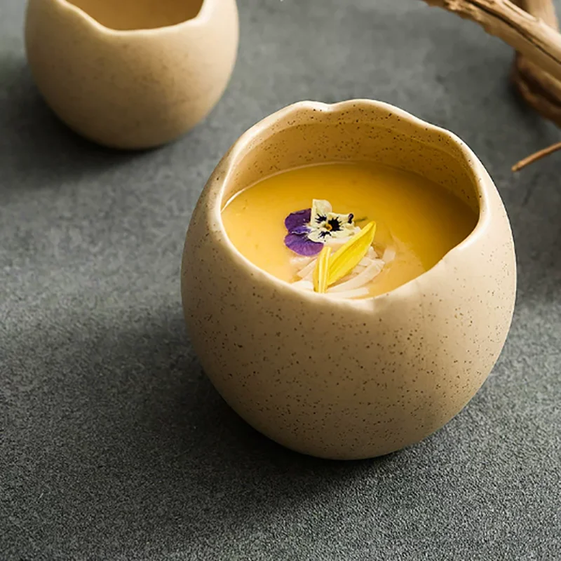 Round Eggshell Ceramic Bowl for Home Steamed Egg Salad Dessert Bowl Creative Ceramic Cooking Breakfast Pastry Plate Tableware