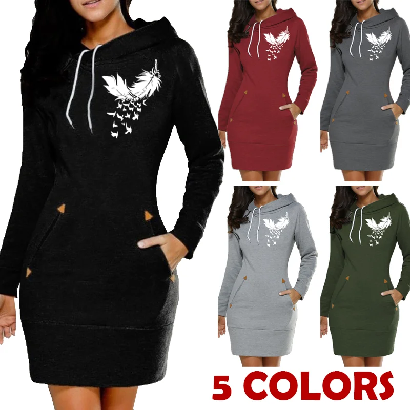 New Autumn Feather Printing Women Long Sleeve Pocket Bodycon Hooded Sweatshirt Casual Hoodies Dress  Zipper Sweatdress