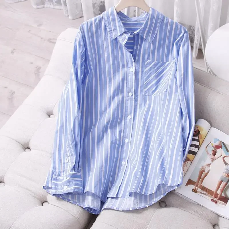 

Женская хлопковая рубашка в полоску в корейском стиле, повседневная свободная блузка с длинными рукавами