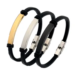 Punk Thin Custom Text Name adjustable Leather Bracelet Personalized Stainless Steel Bracelets For Women Men ID Bracelet