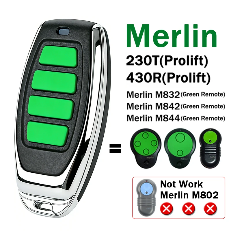Special offer 2pcs MERLIN M842 1A6487 M844 M832 433.92MHz Replacement Green Garage Door Remote Control Merlin ProLift 230T 430R
