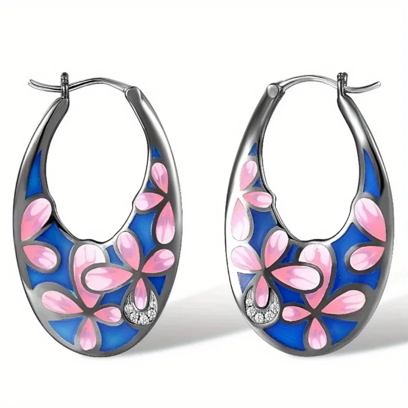 

Vintage Black Color Enamel Flower Dangle Earrings Woman Geometry Party Daily Wear