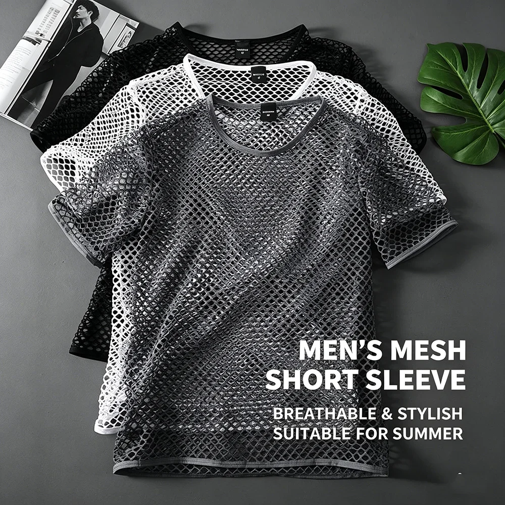 Mens Mesh See Through T Shirt Ice Cool Breathable Fishnet Hollow Out Short Sleeve image 2