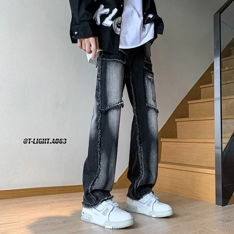 

American Style Straight Leg Men's Jeans Heavy Washed Frayed Hem Workwear Long Trousers Casual Youth Spring Fashion
