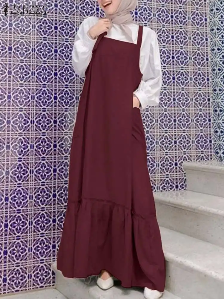 

2023 ZANZEA Fashion Women Sleeveless Solid Muslim Dress Casual Dubai Turkey Abaya Hijab Sundress Robes Summer Overalls Dresses