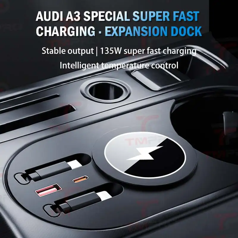 Super Fast Charging Expansion Dock For Audi A3 Cup Holder Mount Car Charger Hub With Retractable Type-C Cable