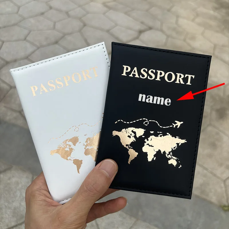 Map Pattern Personalised Passport Cover with Gold Color Name for Couple Customizable Personalized Passport Book Holder