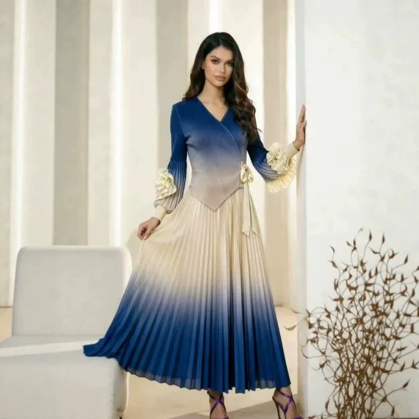 Miyake Loose Women's Fashion Slim-fit Pleated Dress Casual V-neck Gradual Change Printed Long Dress