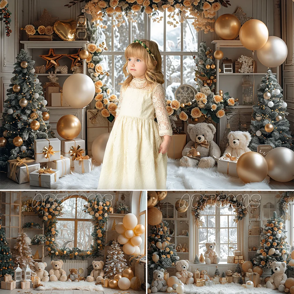 Christmas Backdrop Christmas Tree Toy Bear Blanket Garlands Rose Window Gold Decoration Winter Background Photo Studio Photocall