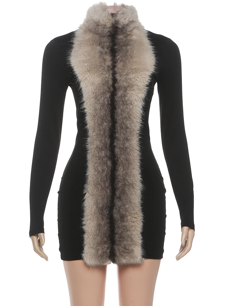 Strano abito patchwork in pelliccia di gatto donna elegante tendenza attillato dolcevita a maniche lunghe elasticizzato skinny festa di compleanno ballo di fine anno club aderente