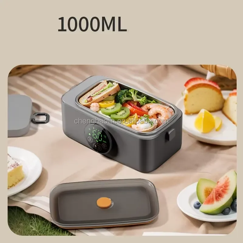 1L Stainless Steel Electric Lunch Box Self Heating Insulation Food Container LED Time Display Foldable Portable for Camping