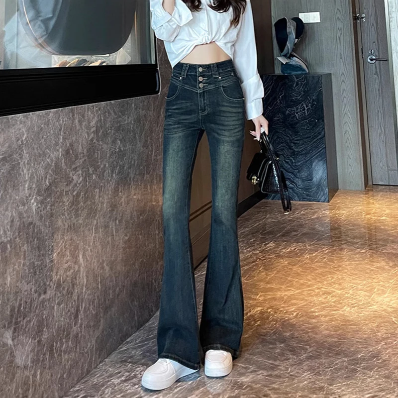 

Women Vintage Blue Flare Jeans Spring Autumn High Waist Slim Elasticity Trousers Street Wear Lady Washed Denim Pants