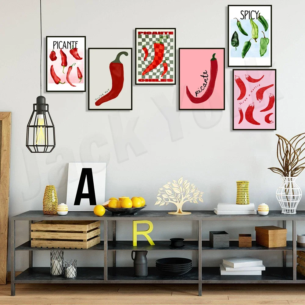 Canvas Painting Chili Pepper Green Chili Pepper Yellow and Red Chili Pepper Art Contemporary Food Kitchen Decoration Wall Decor