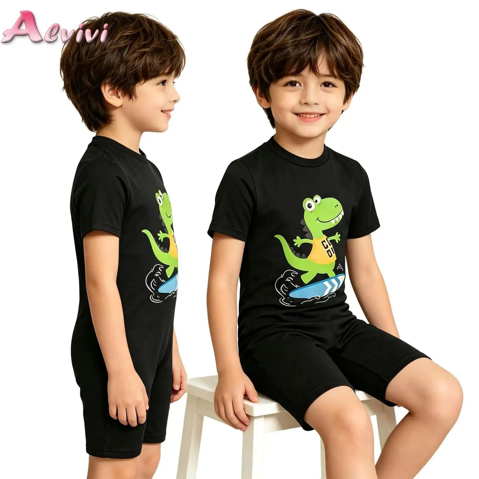 Kids Boys Special Needs Adaptive Clothing Cartoon Dinosaur Print Jumpsuit Short Sleeve Invisible Zipper Thigh Length Bodysuit