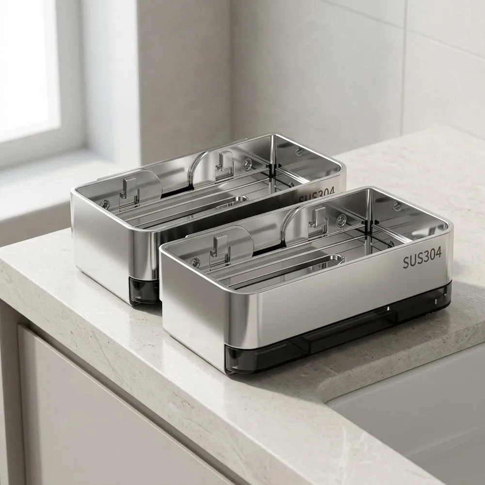 304 Grade Stainless Steel Soap Dish - Wall Mounted No Drill Installation - Drainage - 14 x 9 x 5 cm Dimensions