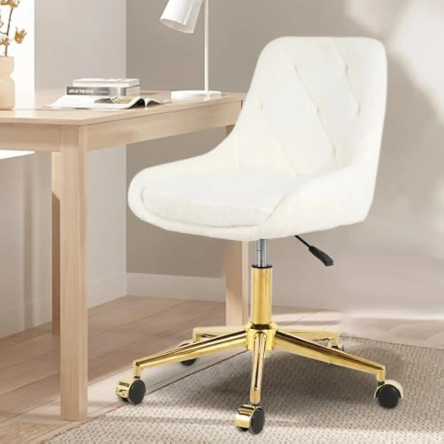 

Armless White Desk Chair, Cute Vanity Chair with Wheels, Comfy Office Desk Chair with Gold Base, Swivel Makeup Chair for Women