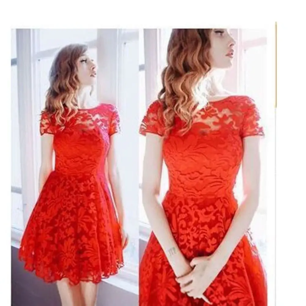 Women Casual Blue Lace Dress Summer Elegant Round Neck Short Sleeve Midi Dresses Slim Fit Fashion Office Lady Party Gown