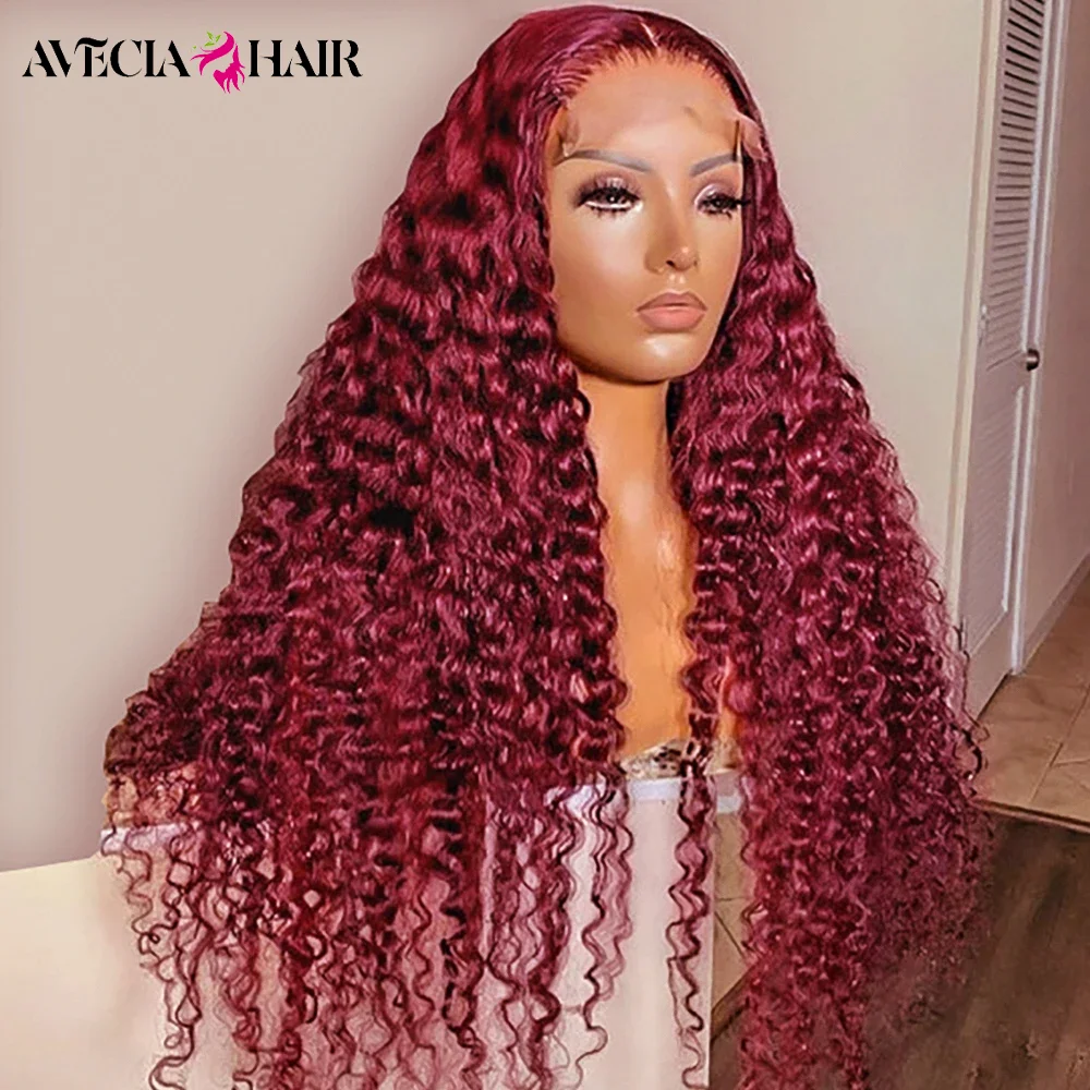 30inch Curly Burgundy 13x6 Lace Frontal Human Hair Wig 34 36inch 99j Red Colored Water Wave Human Hair Wigs for Women PrePlucked