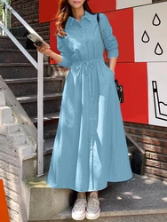 ZANZEA 2025 Spring Denim Blue Dress Women Elegant Long Sleeve Work Sundress Casual Lapel Neck Holiday Vestidos Maxi Robe Kaftan