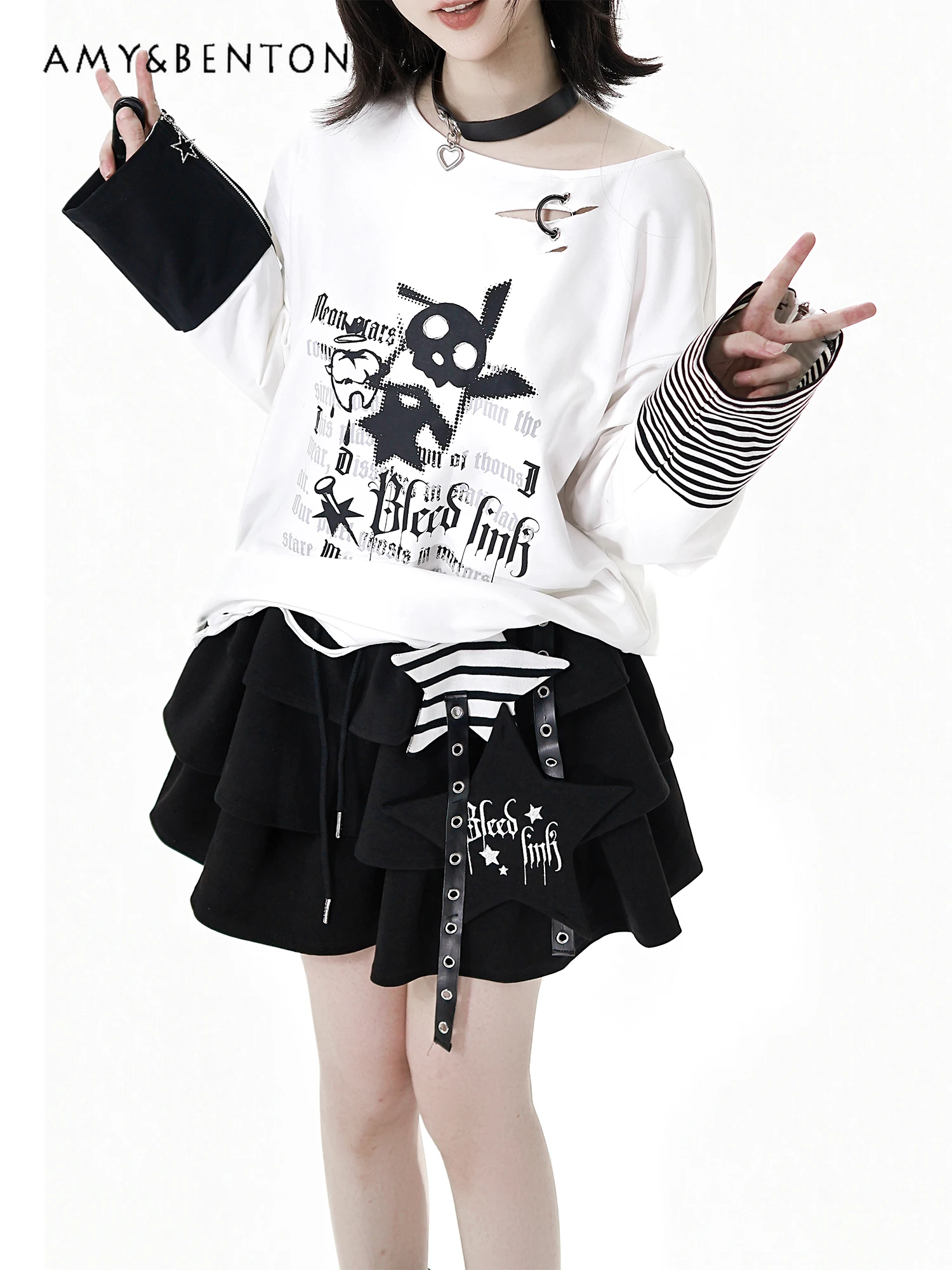 Harajuku estilo punk preto e branco retalhos dos desenhos animados impressão hoodie casual calças compridas estilo universitário roupa de menina quente primavera outono