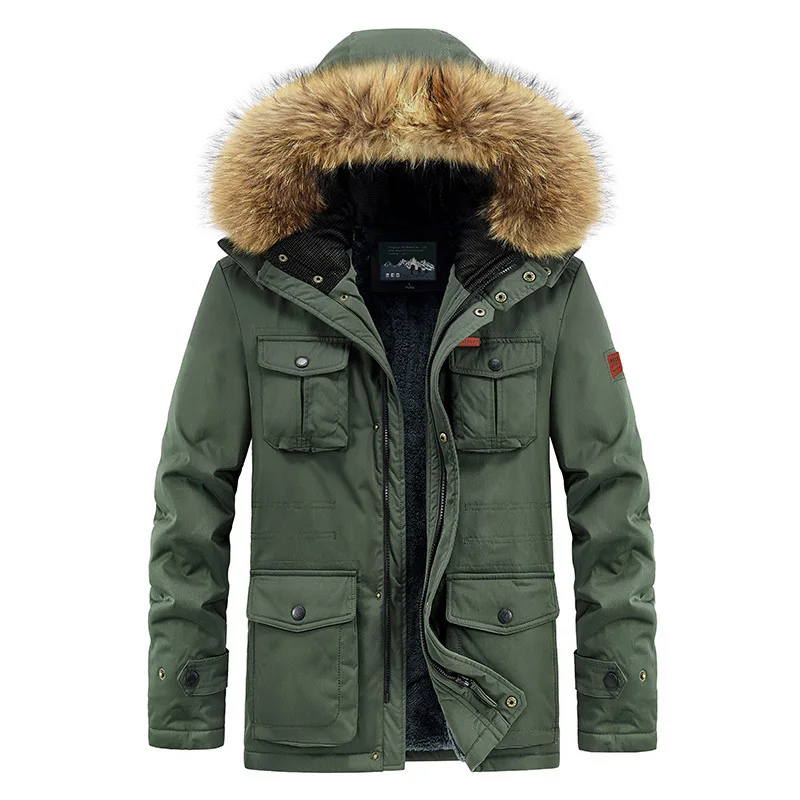 Men's Winter Fleece Cotton-Padded Jacket Mid-Length Hooded Casual Thick Warm Coat Youth Outerwear