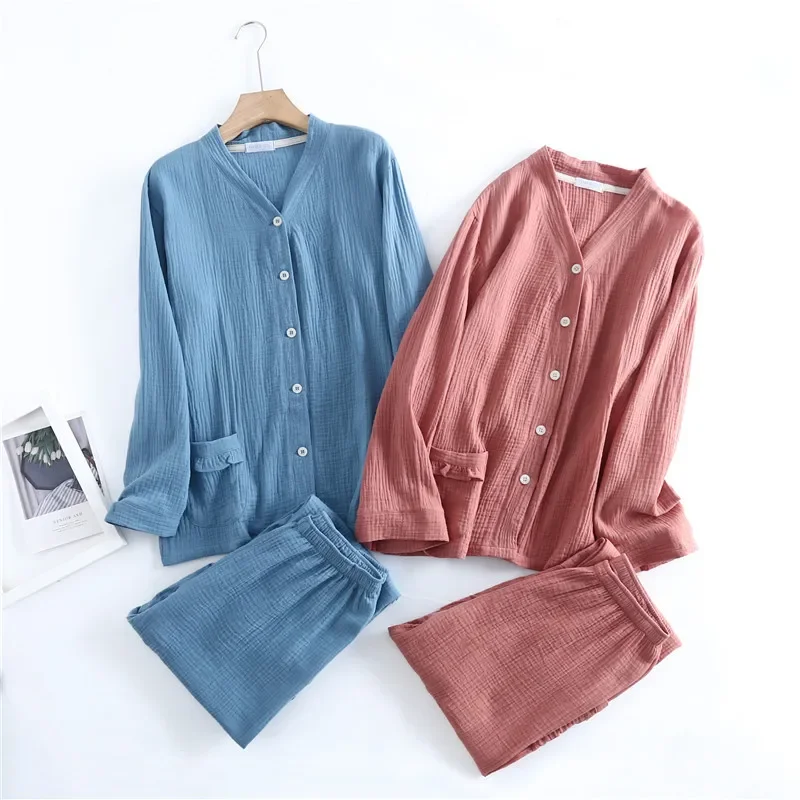 Women Washed Texture Crepe Cotton Pajamas V-Neck Long Sleeve Pants Home Suit Solid Thin Pijama Mujer Loose and Soft Pyjamas 2pcs