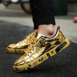 Men's Glossy Lighted Sneakers, Sapatos de Couro Patente, Botas Hip Hop, Flats, Ouro Prata, Moda, Brand Designer, Tamanho 46