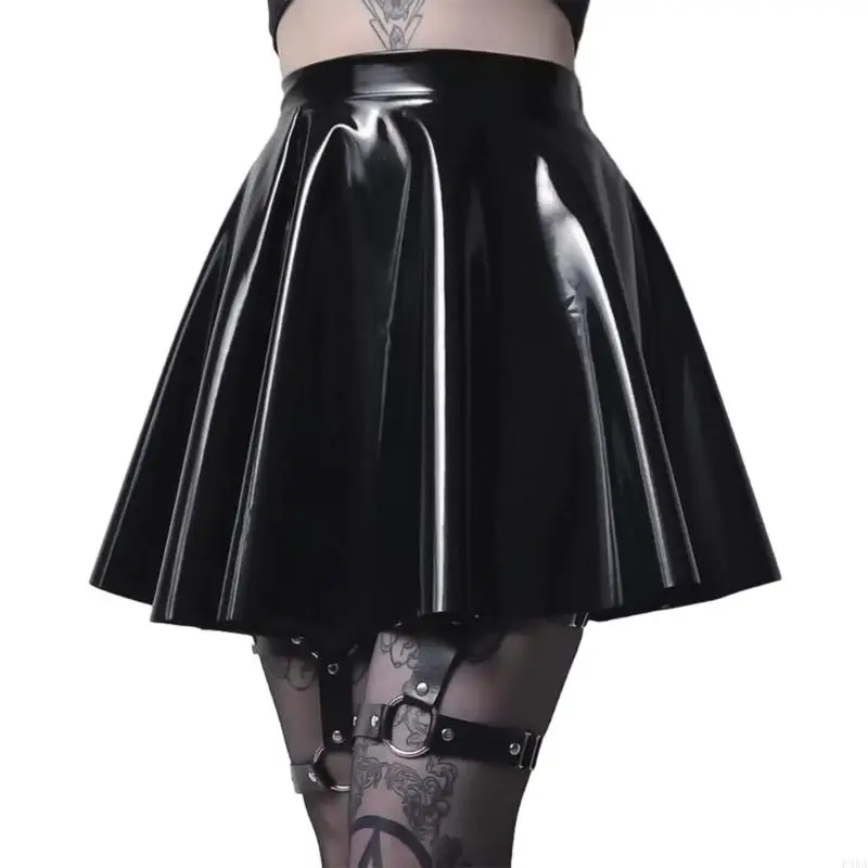 

P88A Women's Faux Leather Black Mini Skirt High Waist Pleated A-Line Tennis Skirt