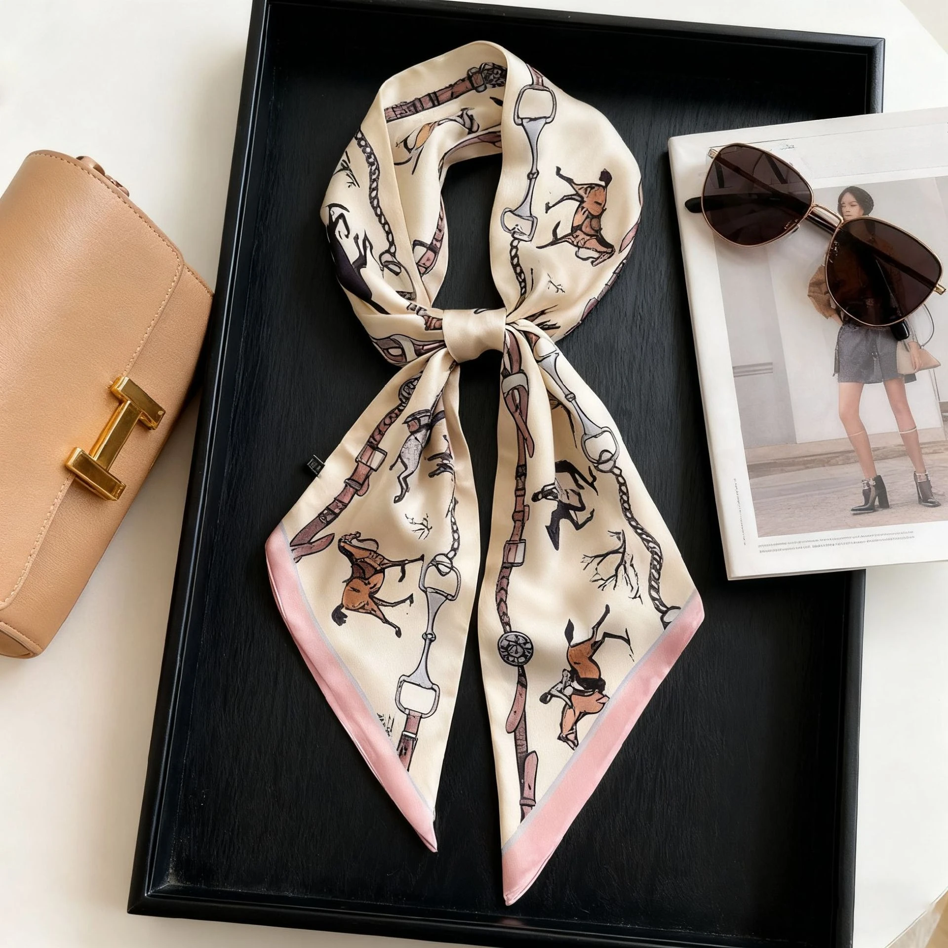 Horse-riding Prints Long Silk Scarf Women Luxury Paisley Pattern Soft Satin Neckerchief Hands Bag Ribbon Foulard Hijab Headband